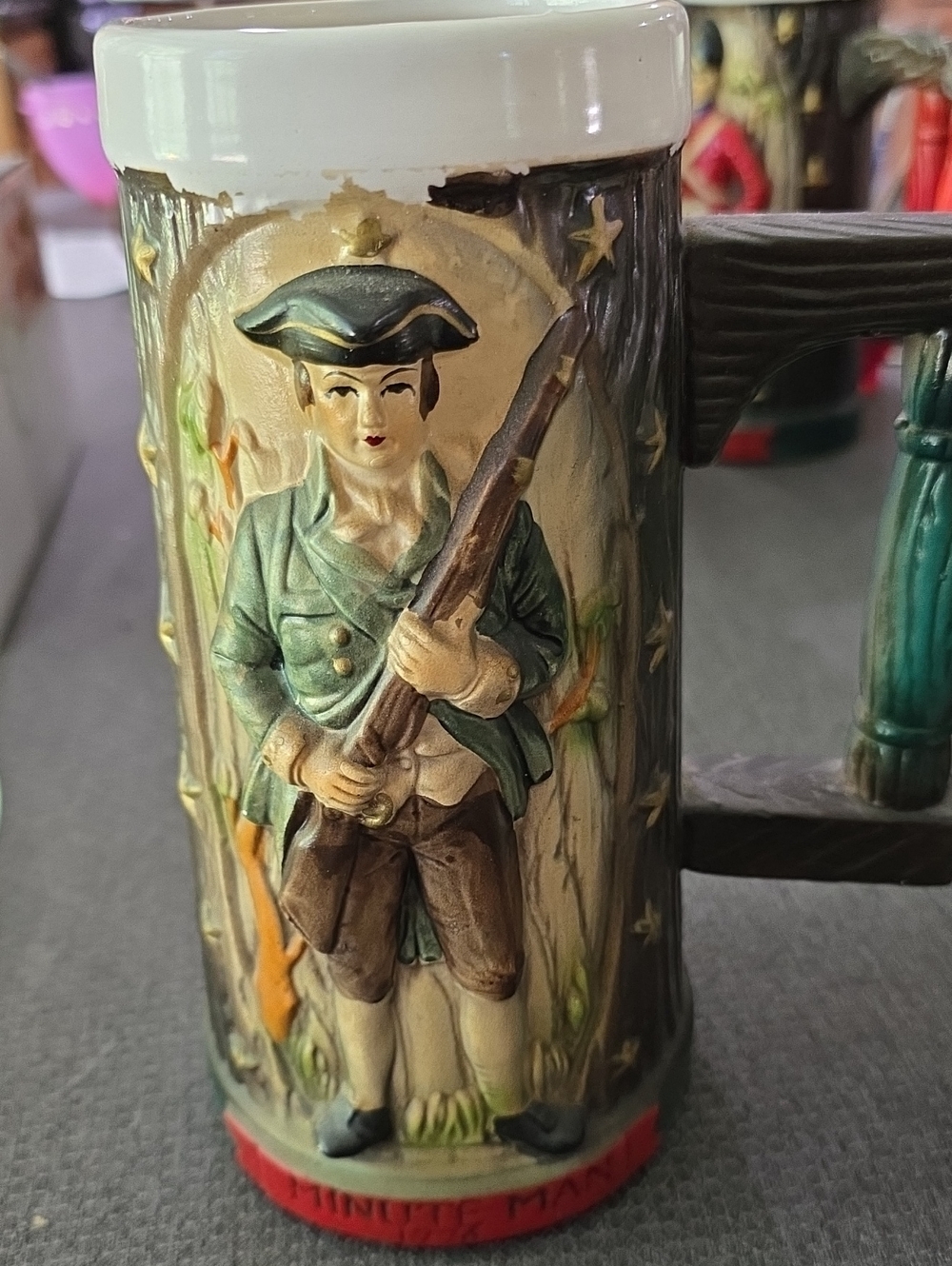 Decorative Green and Brown Colonial Soldier Ceramic Stein - Unbranded